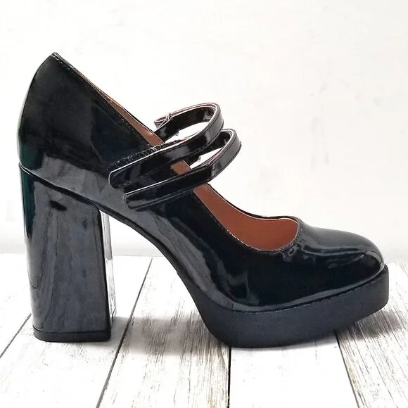 New Black Mary Jane Platform Chunky Heel Pumps - Picture 2 of 4